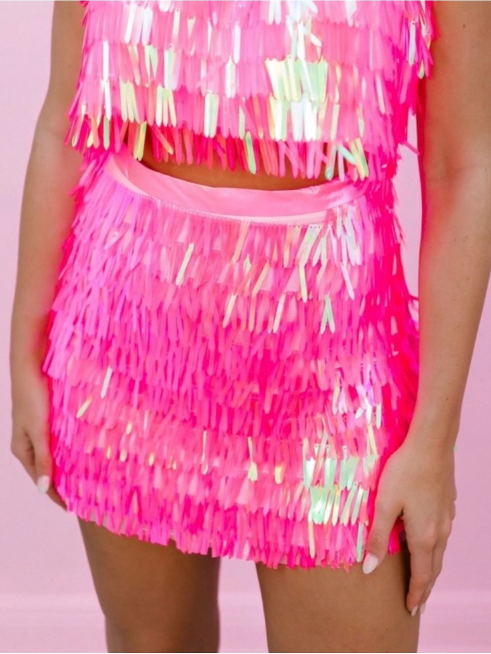 Queen of Sparkles Neon Pink Sequin Fringe Skirt Women's Size Medium